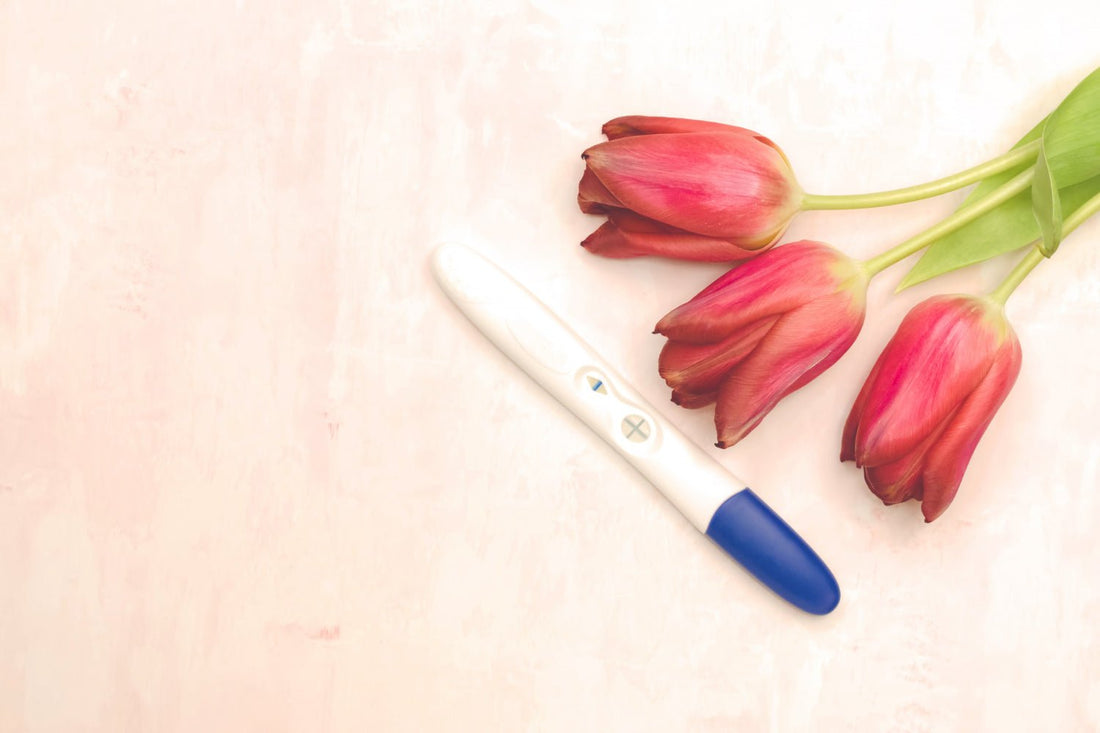 A positive pregnancy test with red tulips on pink background