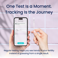 Person holding a smartphone with Vivoo App and an ovulation test strip, with text about tracking fertility.