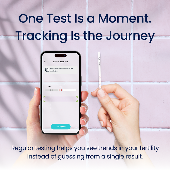 Person holding a smartphone with Vivoo App and an ovulation test strip, with text about tracking fertility.