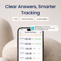 Smartphone displaying fertility test history with text 'Clear Answers, Smarter Tracking' on a blurred background.