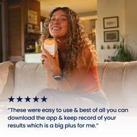 Woman sitting on a couch holding a product with a five-star rating and review text overlay.