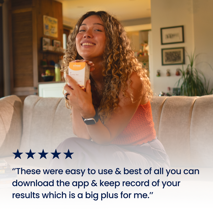 Woman sitting on a couch holding a product with a five-star rating and review text overlay.