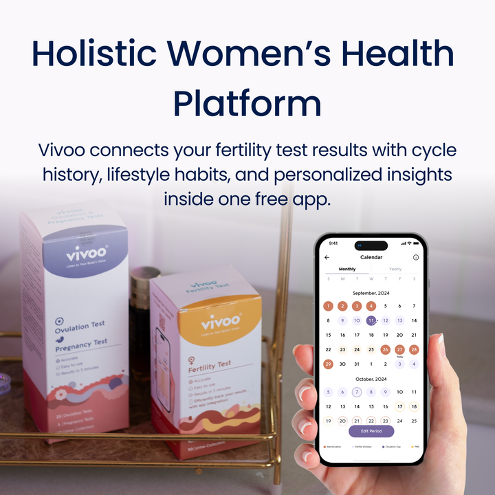 Vivoo women's health test boxes and app on a table with text about holistic women's health platform.