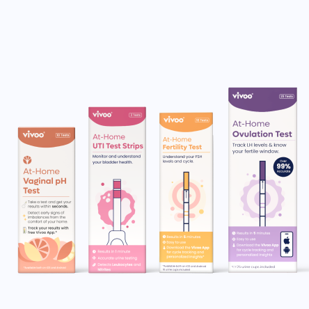 Collection of vivoo womens health tests and ovulation tests on a white background