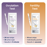 Two packaging designs for ovulation and fertility tests by vivoo on a purple and orange background.