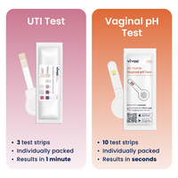Two test strips for UTI and Vaginal pH tests with packaging and branding information.
