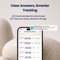 Smartphone displaying a fertility test history app with text about smart reminders and tracking.