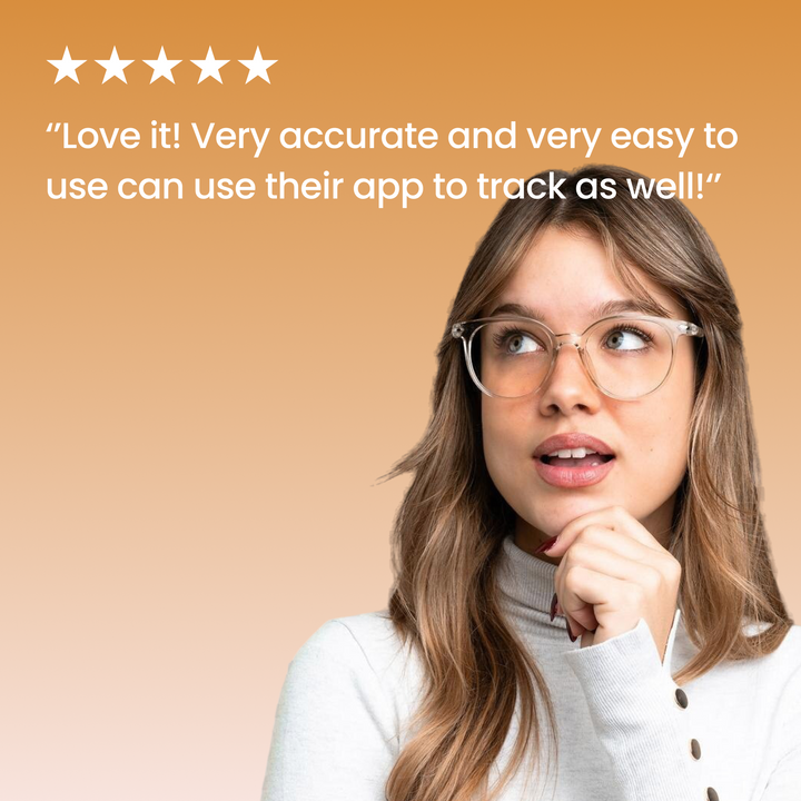 Woman wearing glasses with a five-star rating and positive feedback text on an orange background