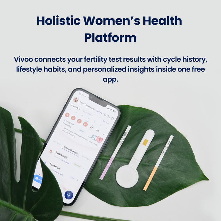 Smartphone displaying Vivoo 
App on a leaf with womens health tests, promoting a holistic women's health platform.