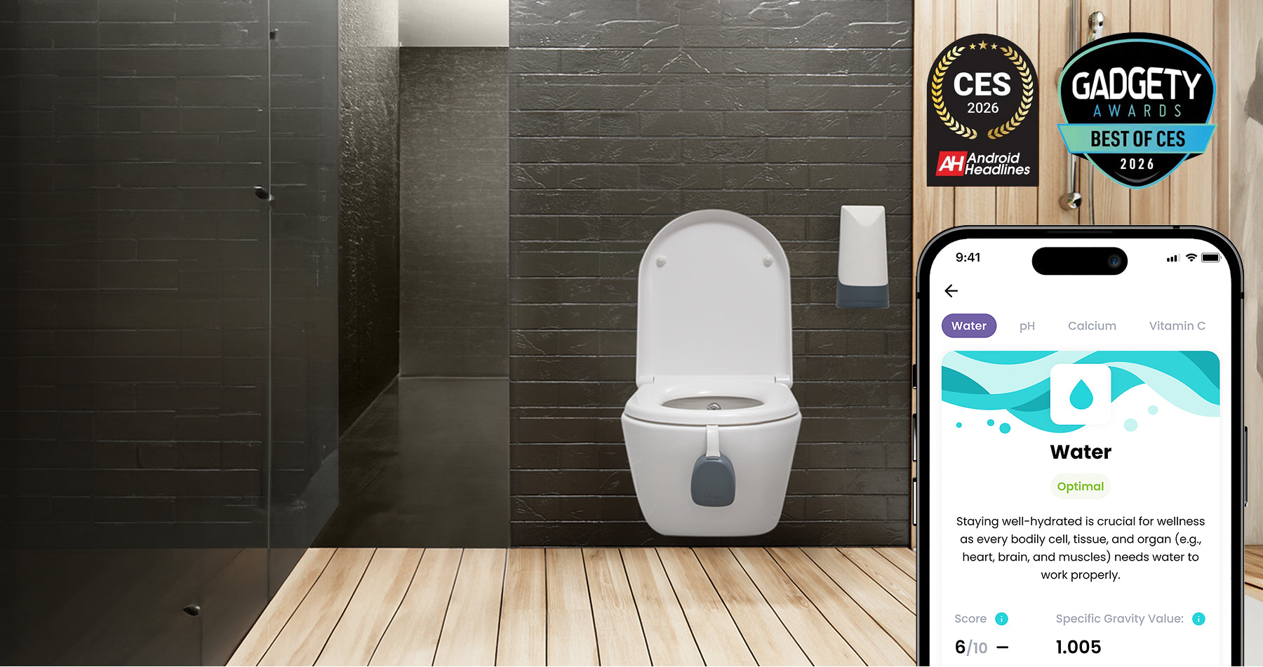 Smart toilet with app interface on smartphone in a bathroom setting