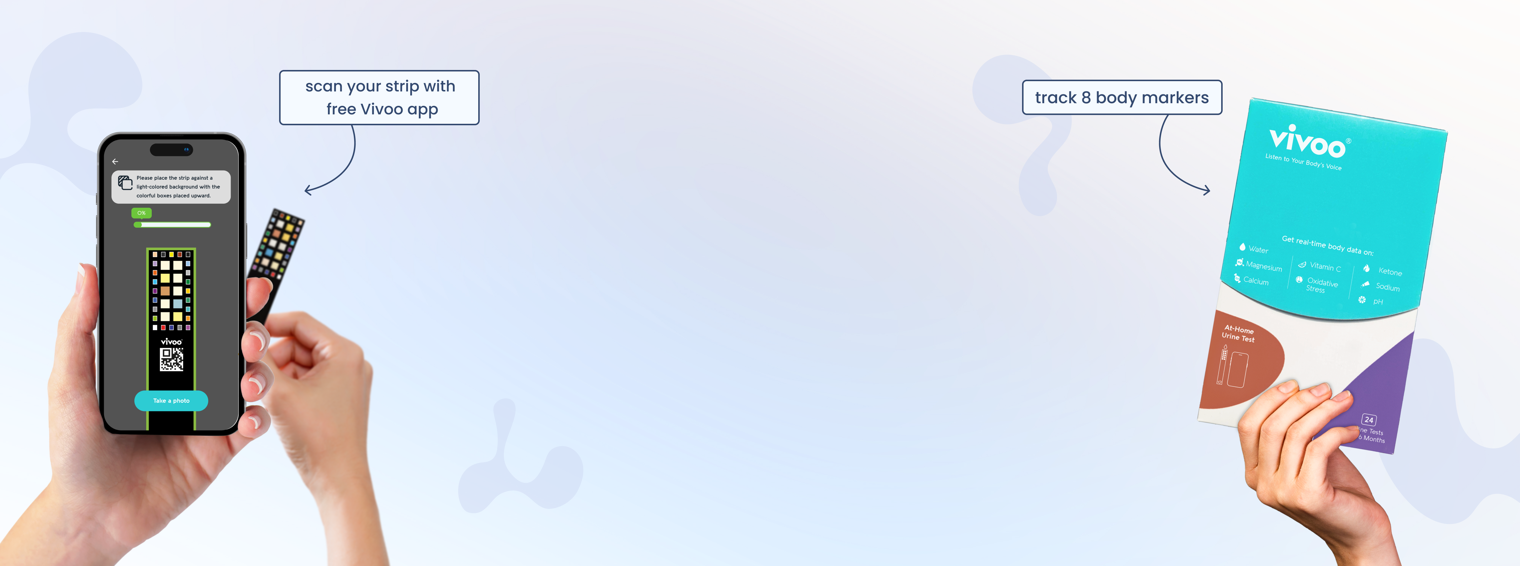 Person holding a phone with an app interface and a Vivoo product on a light blue background