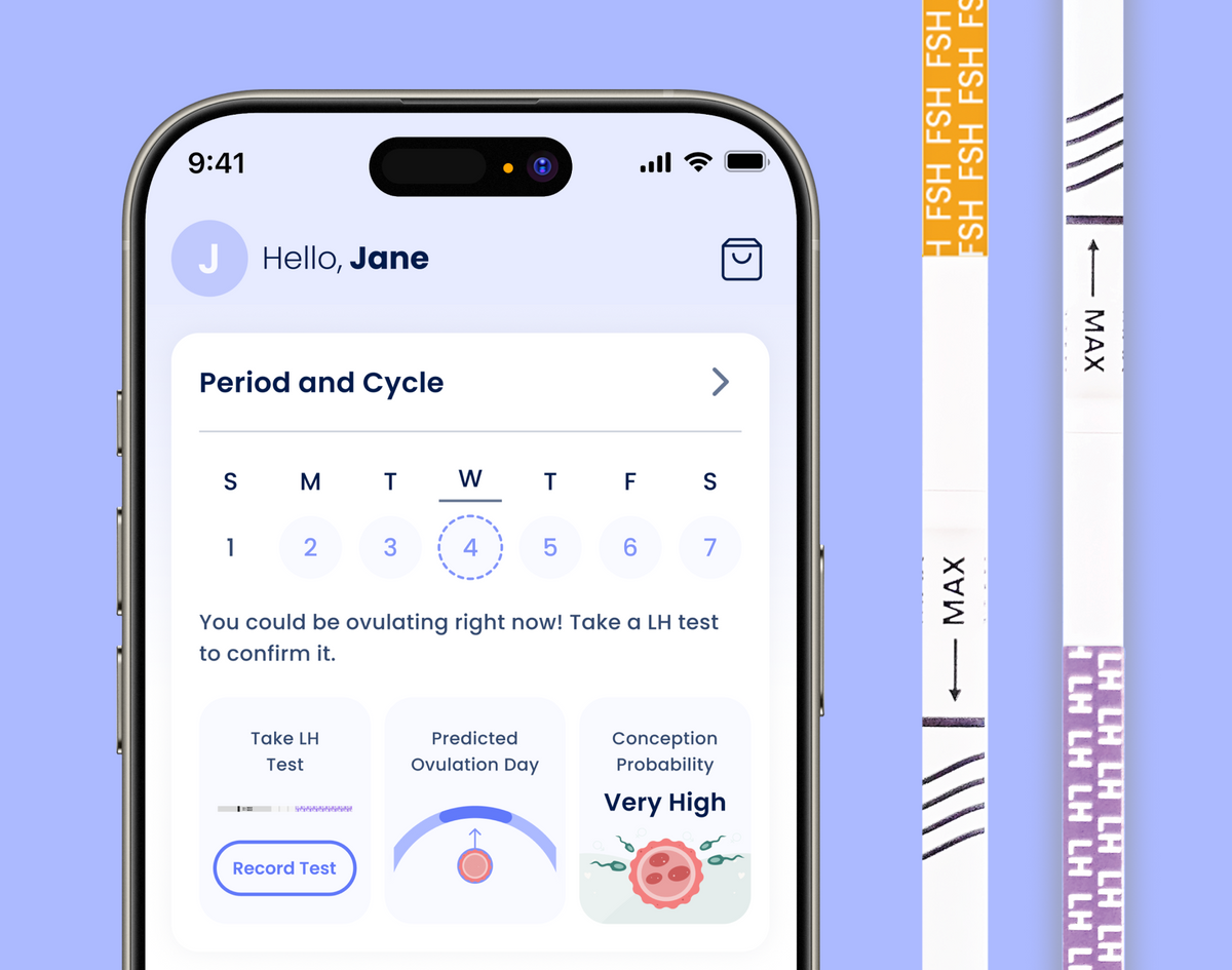 A smartphone screen shows an Vivoo App with a calendar and LH test guidance, alongside a close-up of a multicolor fertility test strip on a soft lavender background.