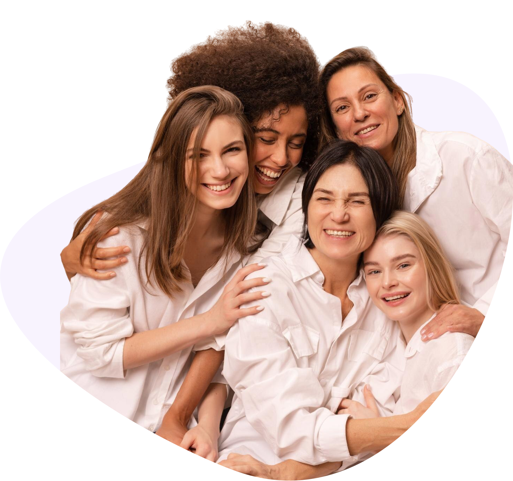 Five women in white shirts hugging each other on a white background