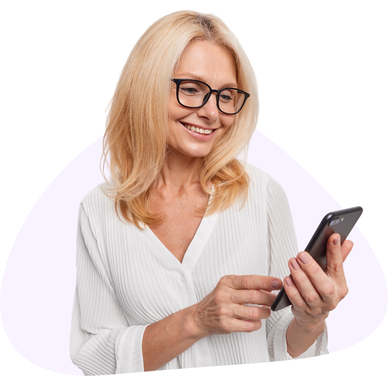 Woman with glasses holding a smartphone on a white background