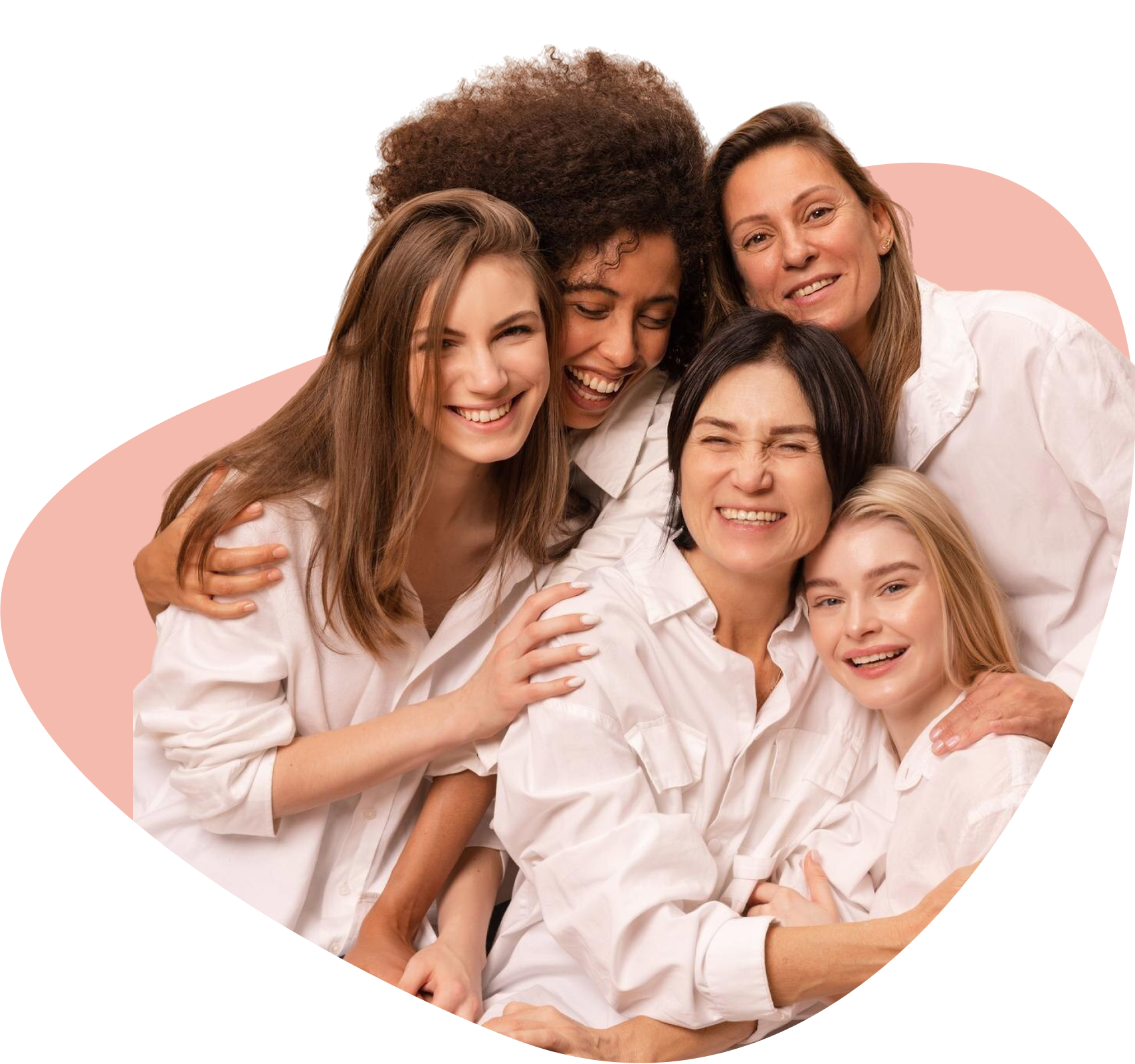 Five women in white shirts hugging each other on a pink and white background
