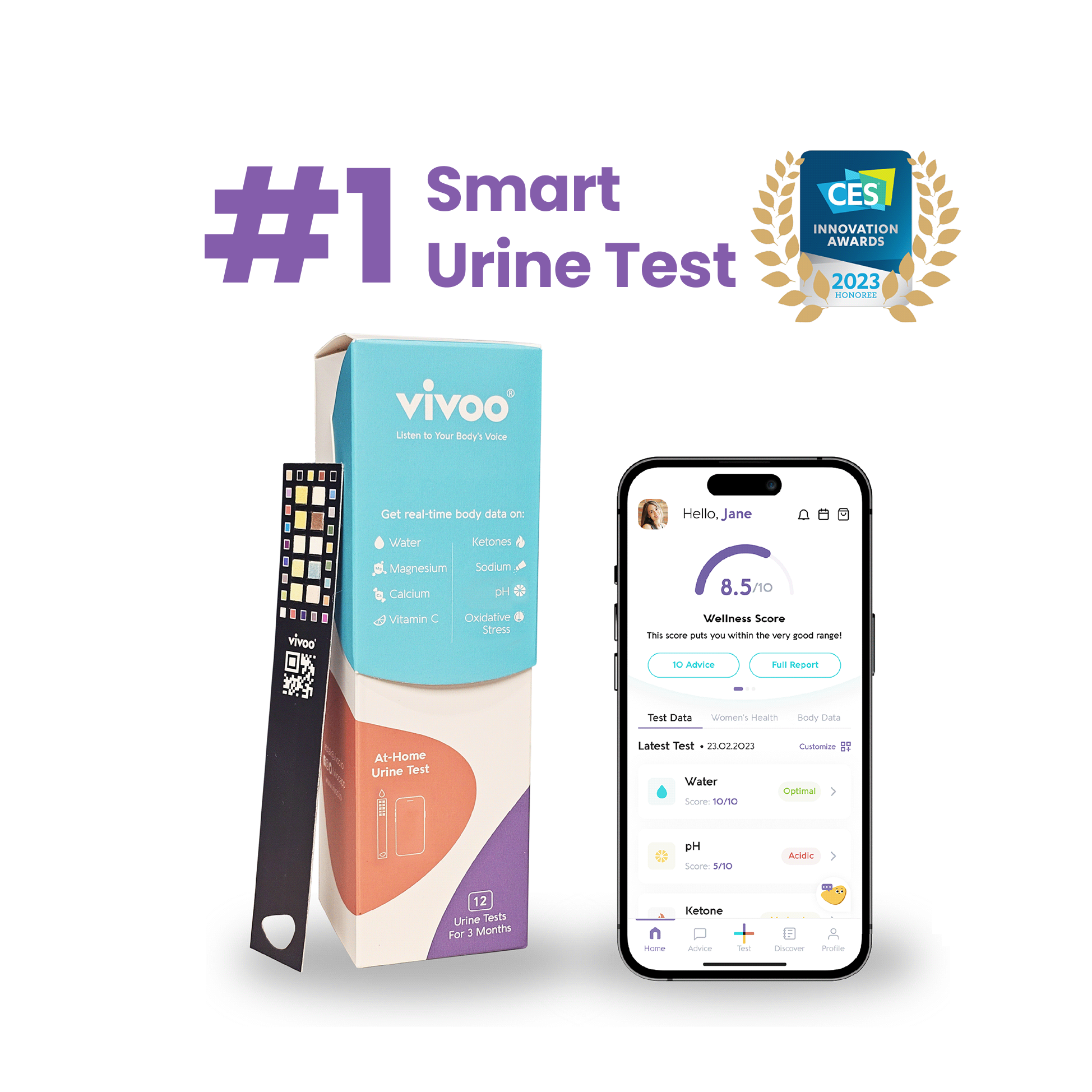 Vivoo smart urine test kit with smartphone app on a white background