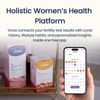 Vivoo ovulation & fertility test boxes and smartphone app on a neutral background
