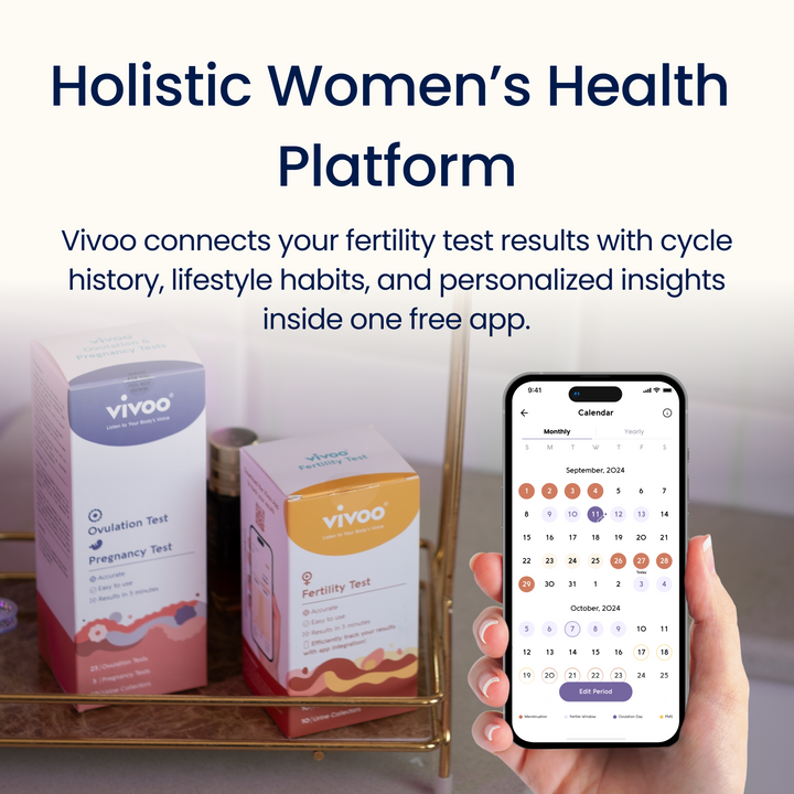 Vivoo ovulation & fertility test boxes and smartphone app on a neutral background