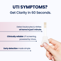 UTI symptoms test strip with text about early detection and Vivoo's reliability.