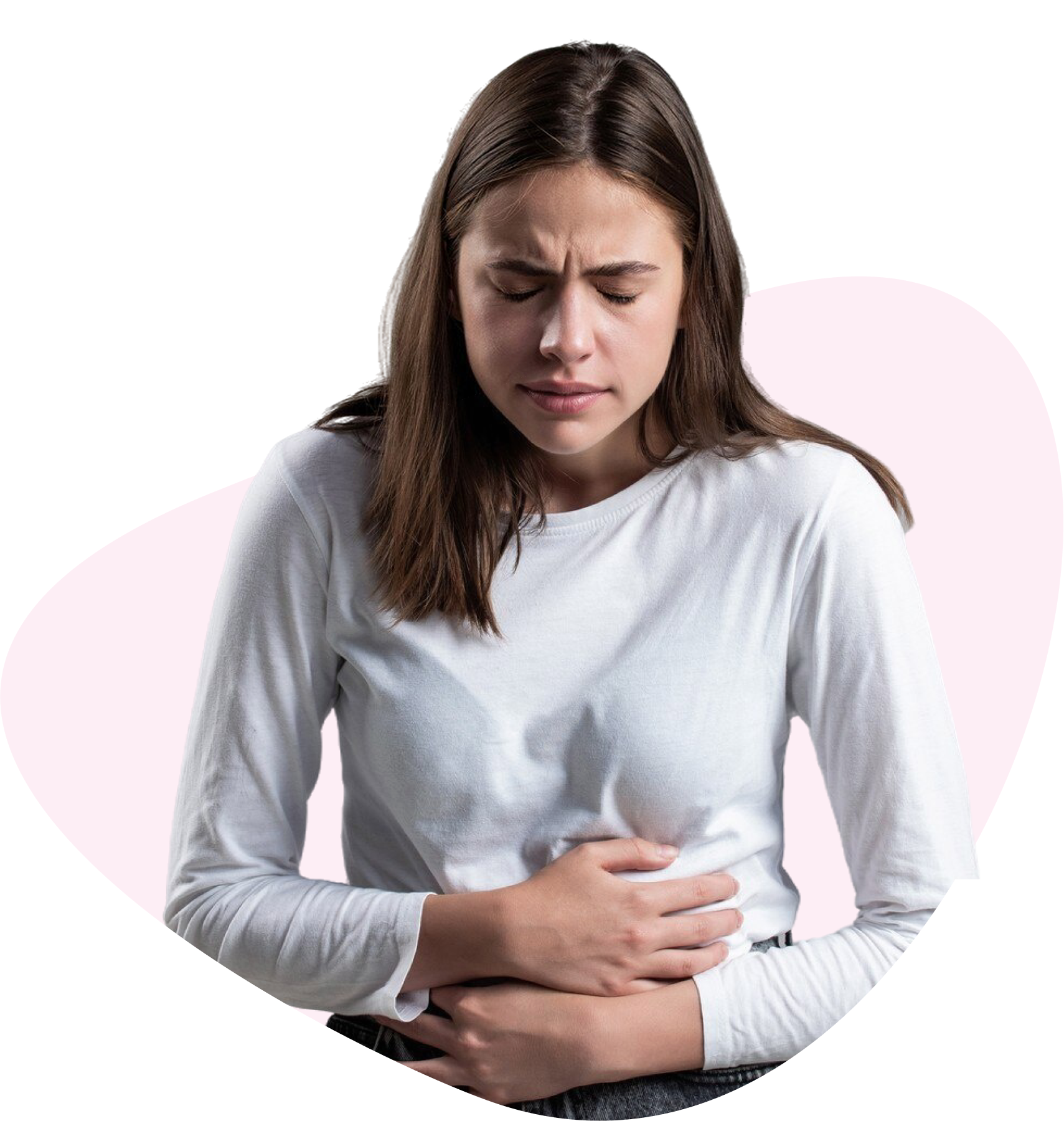 Woman holding her stomach, possibly experiencing discomfort or pain, on a white background.