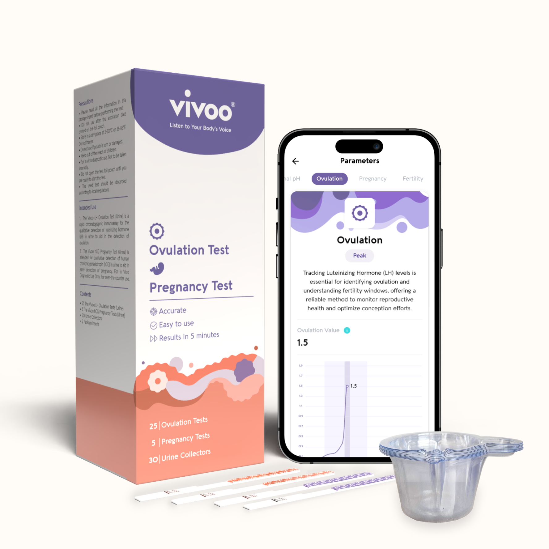 Vivoo ovulation test kit with smartphone app on a white background