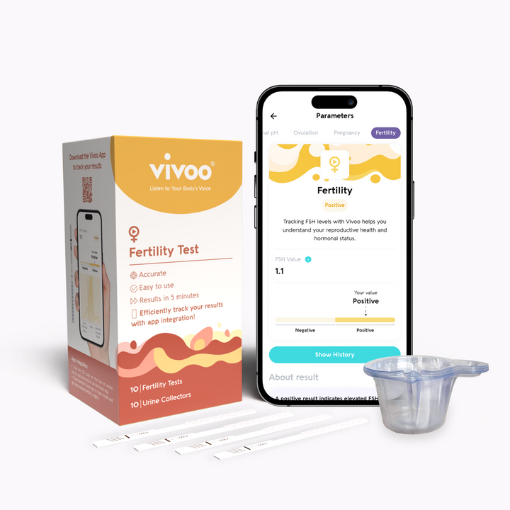 Vivoo fertility test kit with smartphone app on a white background