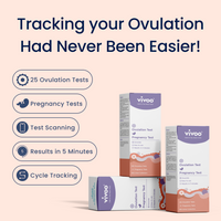 Vivoo Ovulation & Pregnancy Test packaging with promotional text on a light pink background