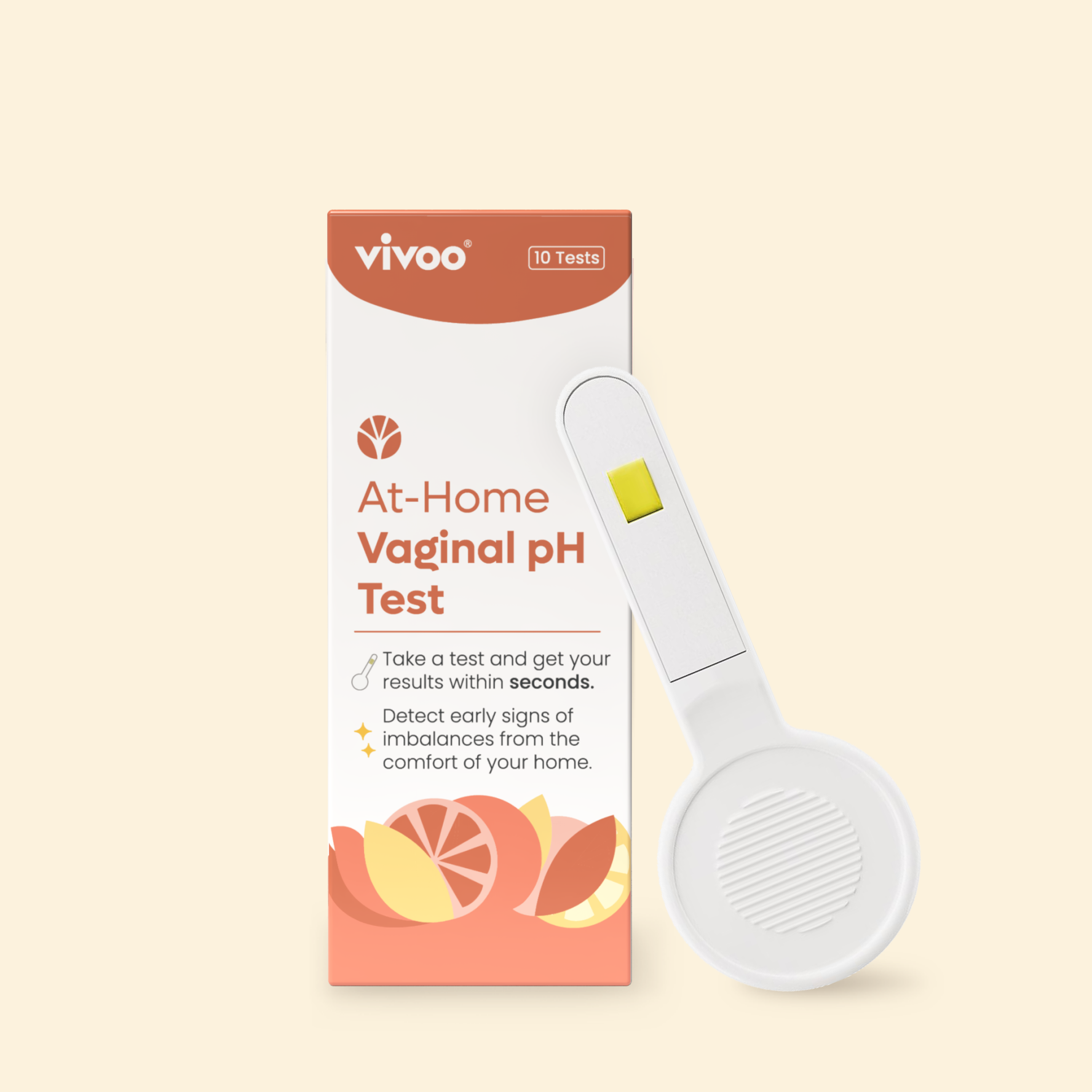 At-home vaginal pH test kit with packaging and device on a beige background