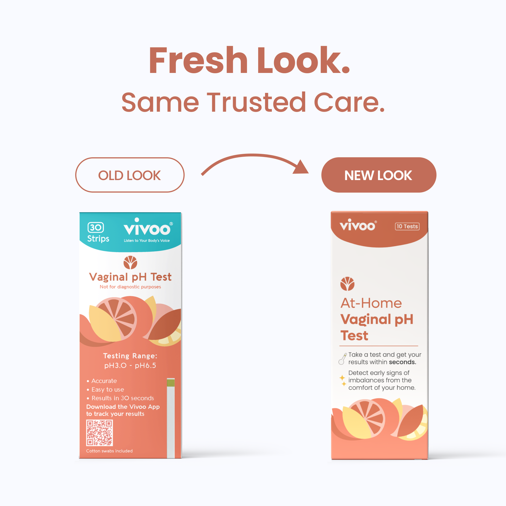 Comparison of old and new packaging designs for a vaginal pH test with 'vivoo' branding.