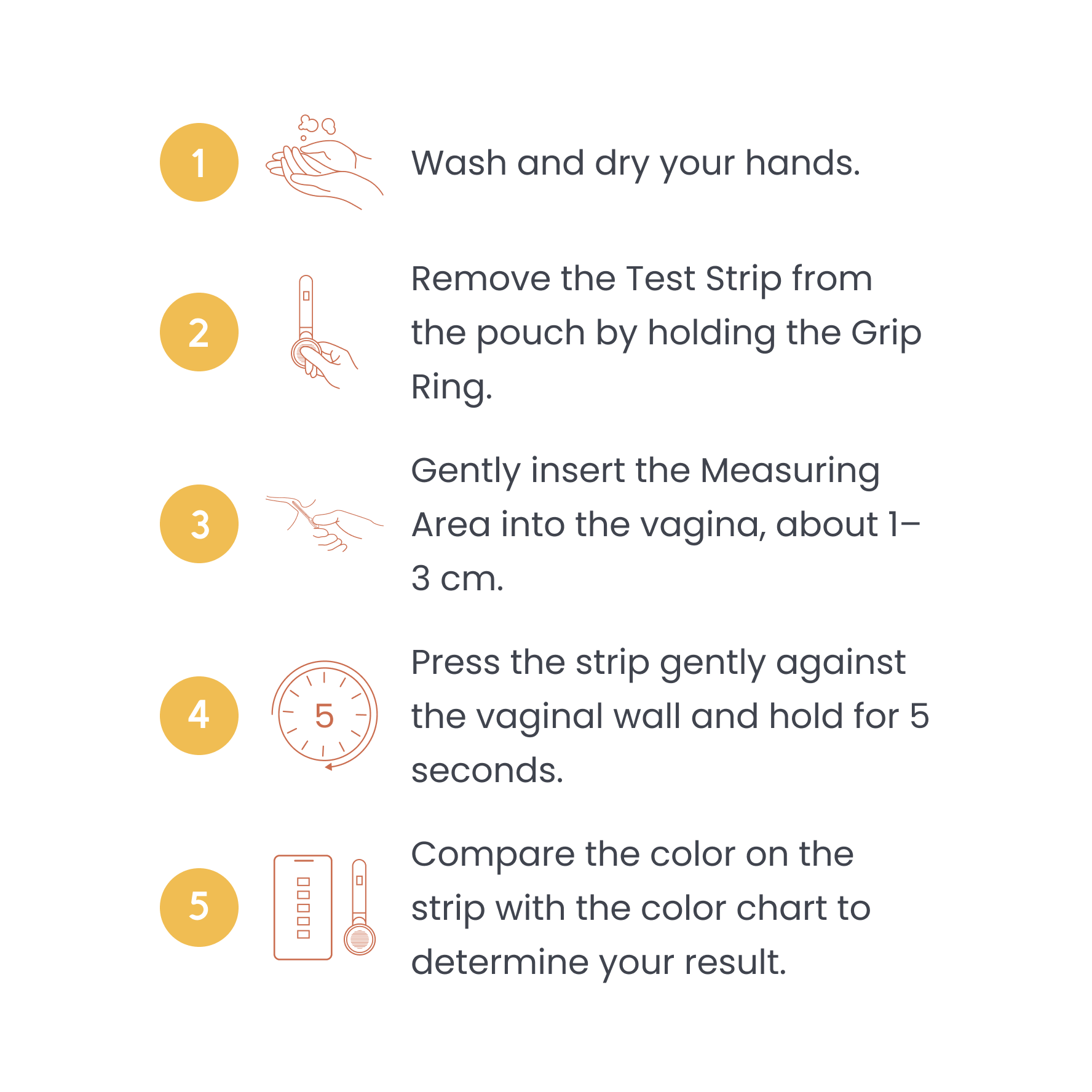 Step-by-step guide for using a test strip with illustrations and text on a white background