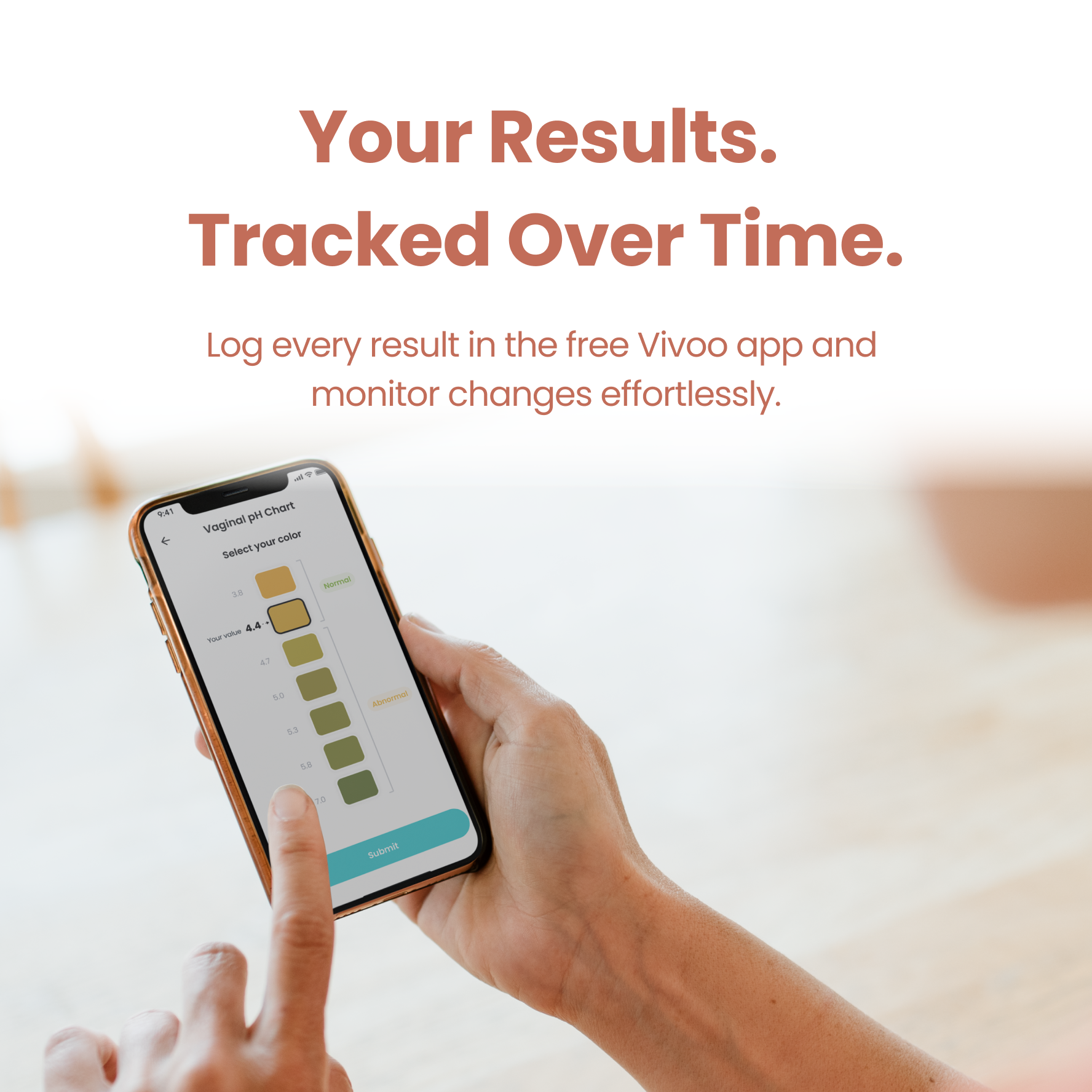 Person holding a smartphone with Vivoo app on the screen, displaying 'Your Results. Tracked Over Time.' text.