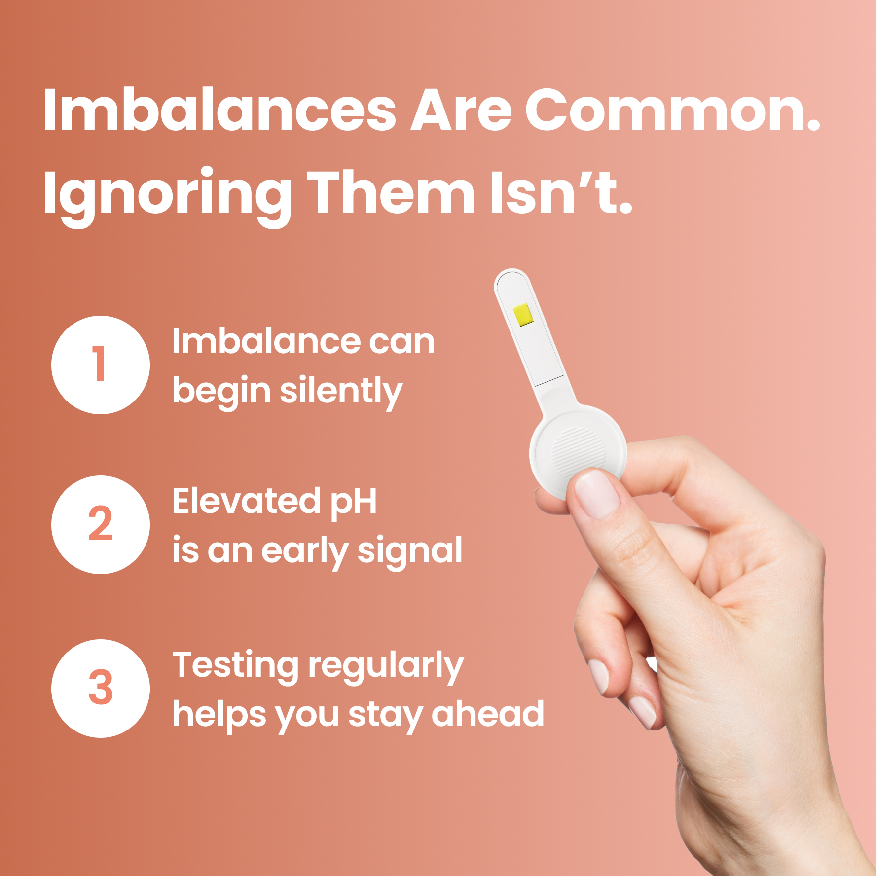 Hand holding Vivoo pH test strip with text about imbalances on a pink background