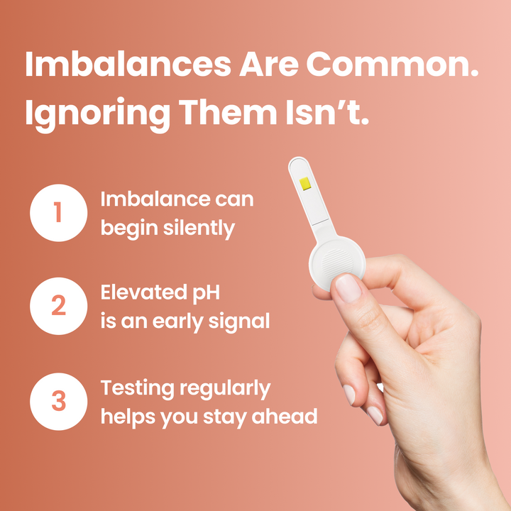 Hand holding Vivoo pH test strip with text about imbalances on a pink background