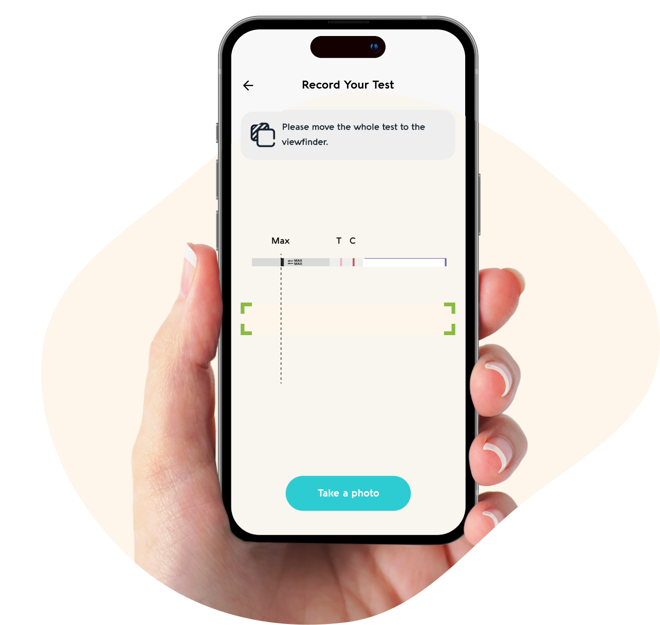 Hand holding a smartphone with Vivoo App interface on a white background