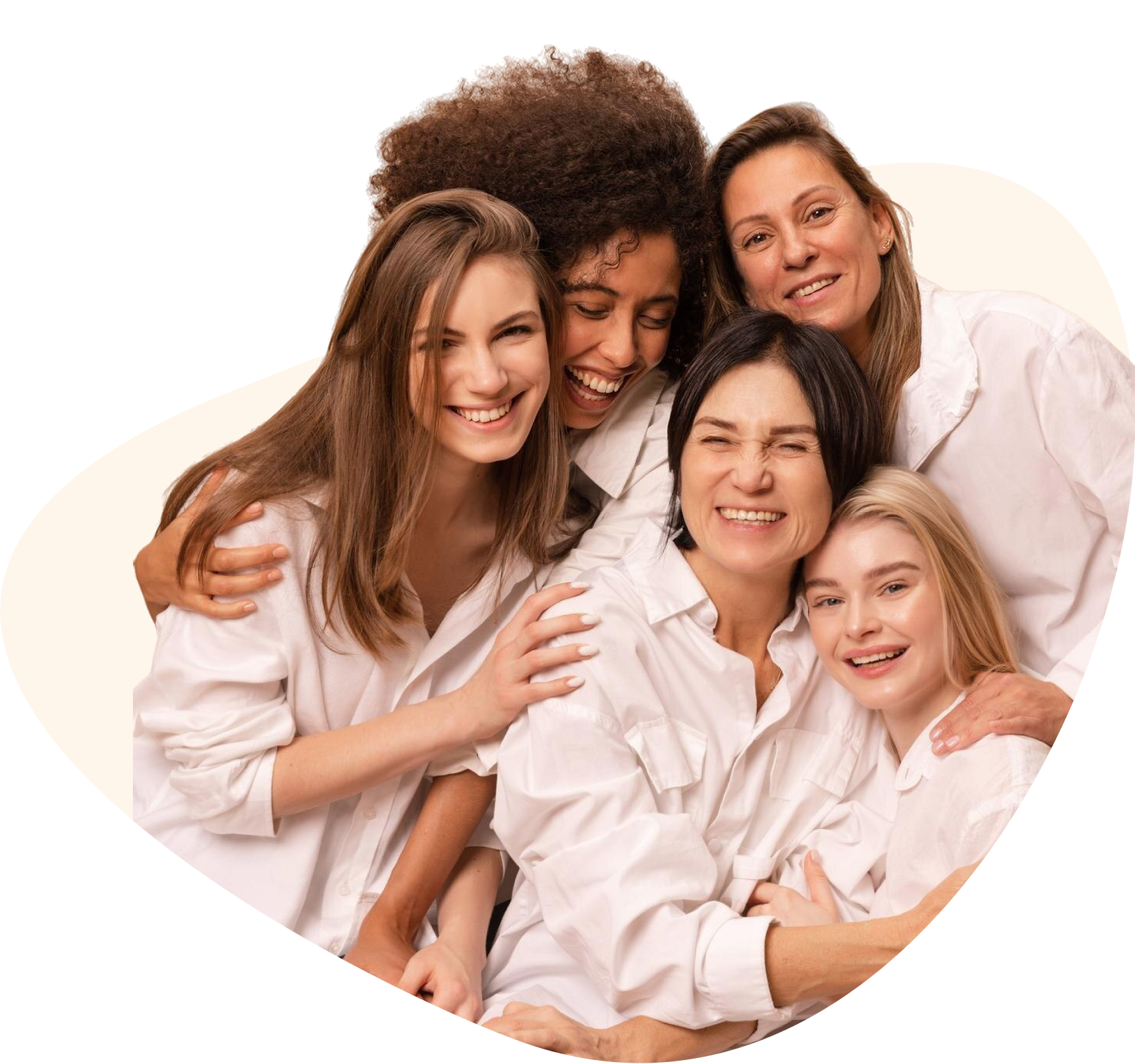Five women in white shirts hugging each other on a white background