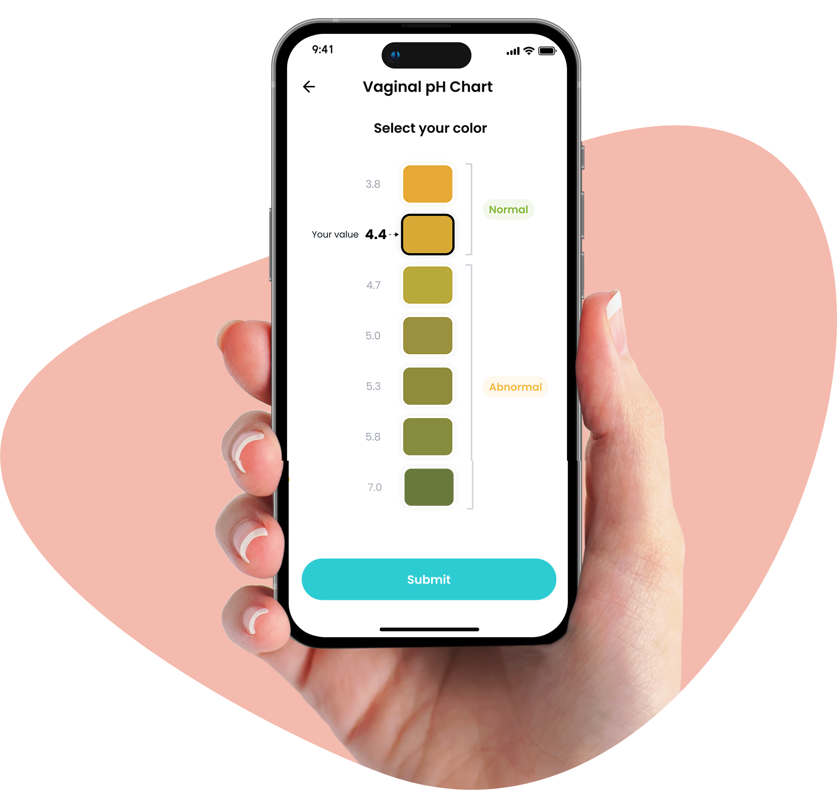 Hand holding a smartphone displaying a pH chart app on a white background