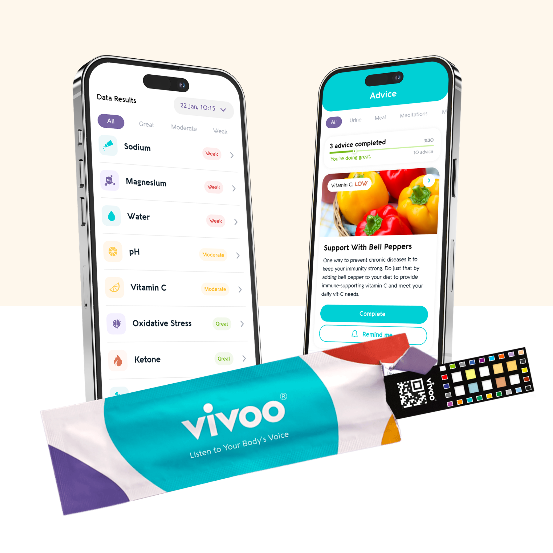 Health app interface displayed on two smartphones alongside a vivoo test strip package.
