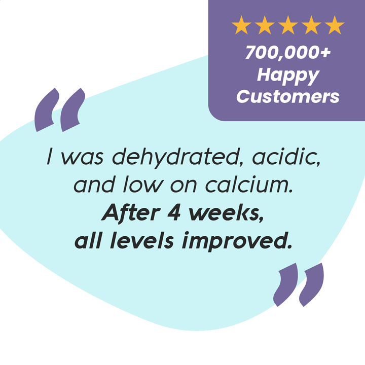 Quote about hydration and health improvement with a star rating and customer count on a light blue and purple background.