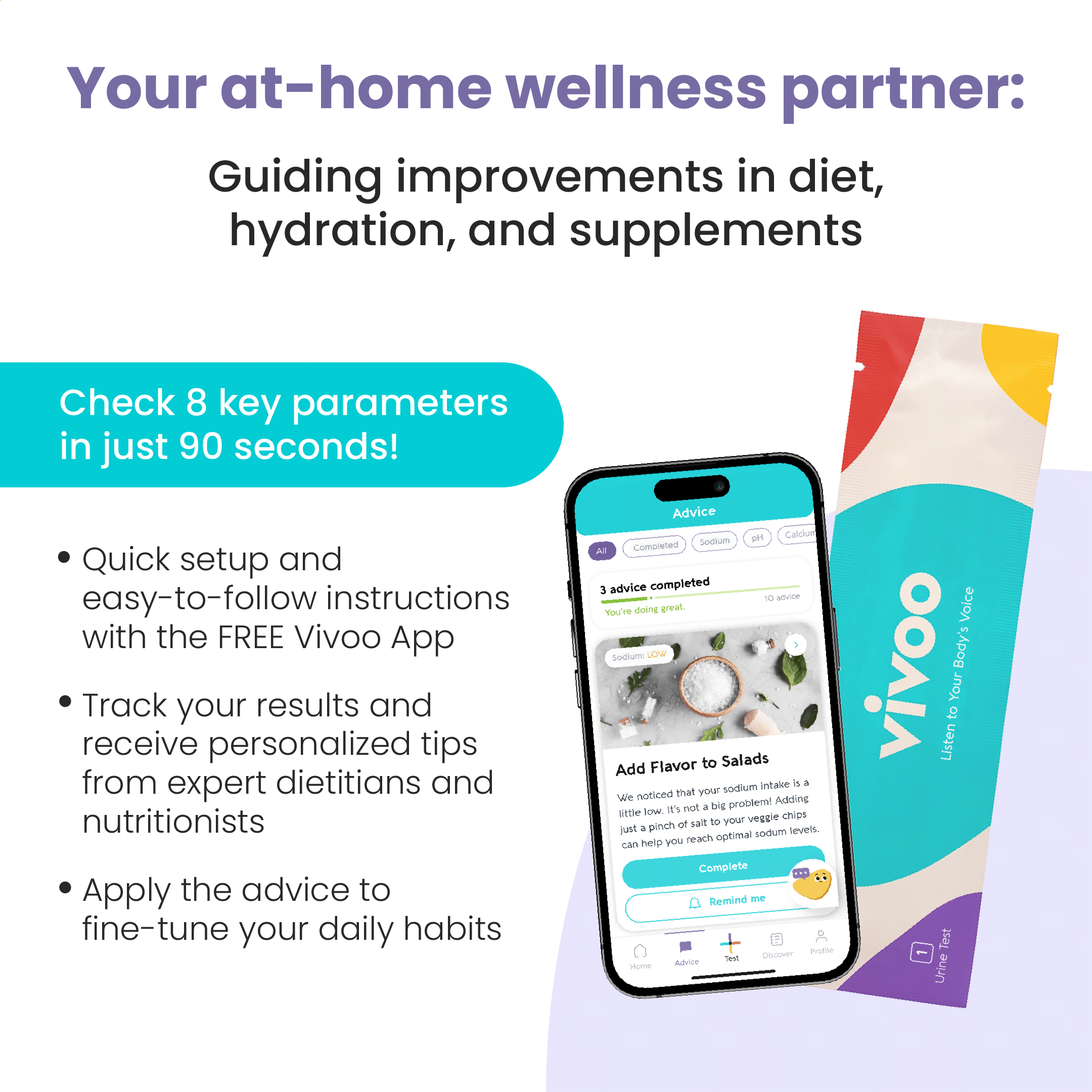 Vivoo app and packaging with text about at-home wellness partner and diet tracking.