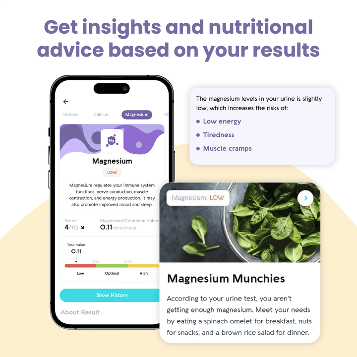 Phone displaying a health app with magnesium levels and dietary advice on a beige background