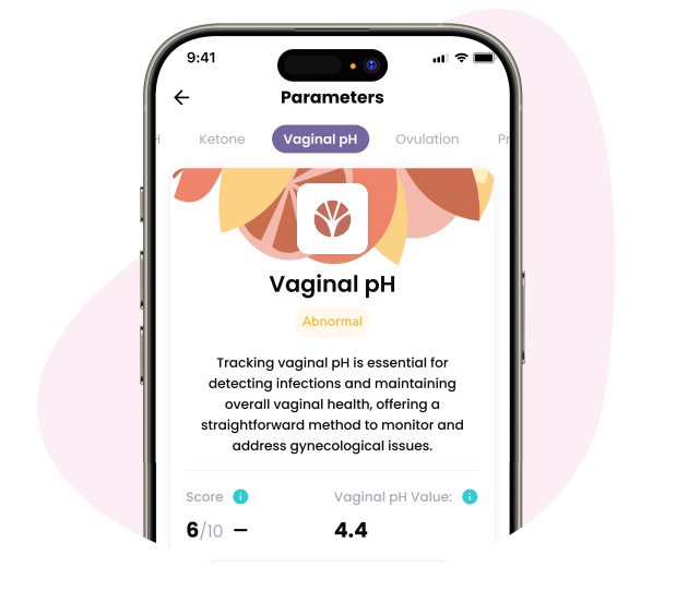 Phone screen displaying Vivoo app with vaginal pH measurement on a white background