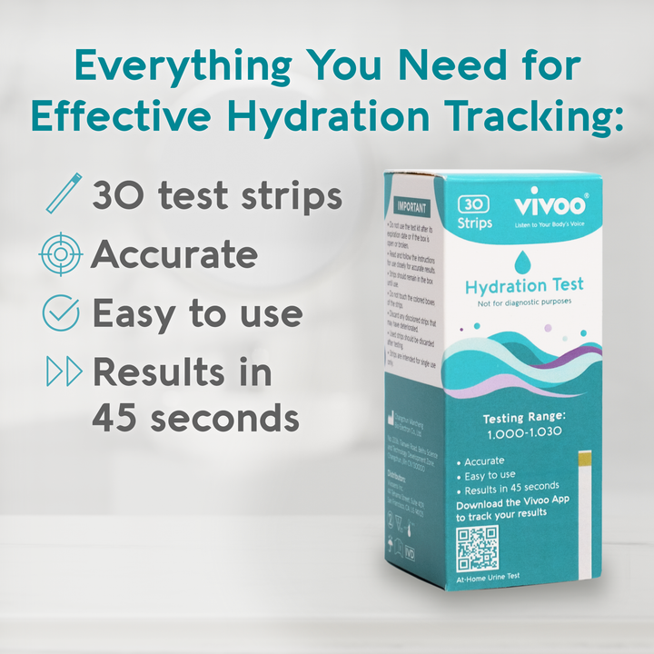 Packaging of Vivoo Hydration Test with test strips, emphasizing the ability to check hydration levels quickly.