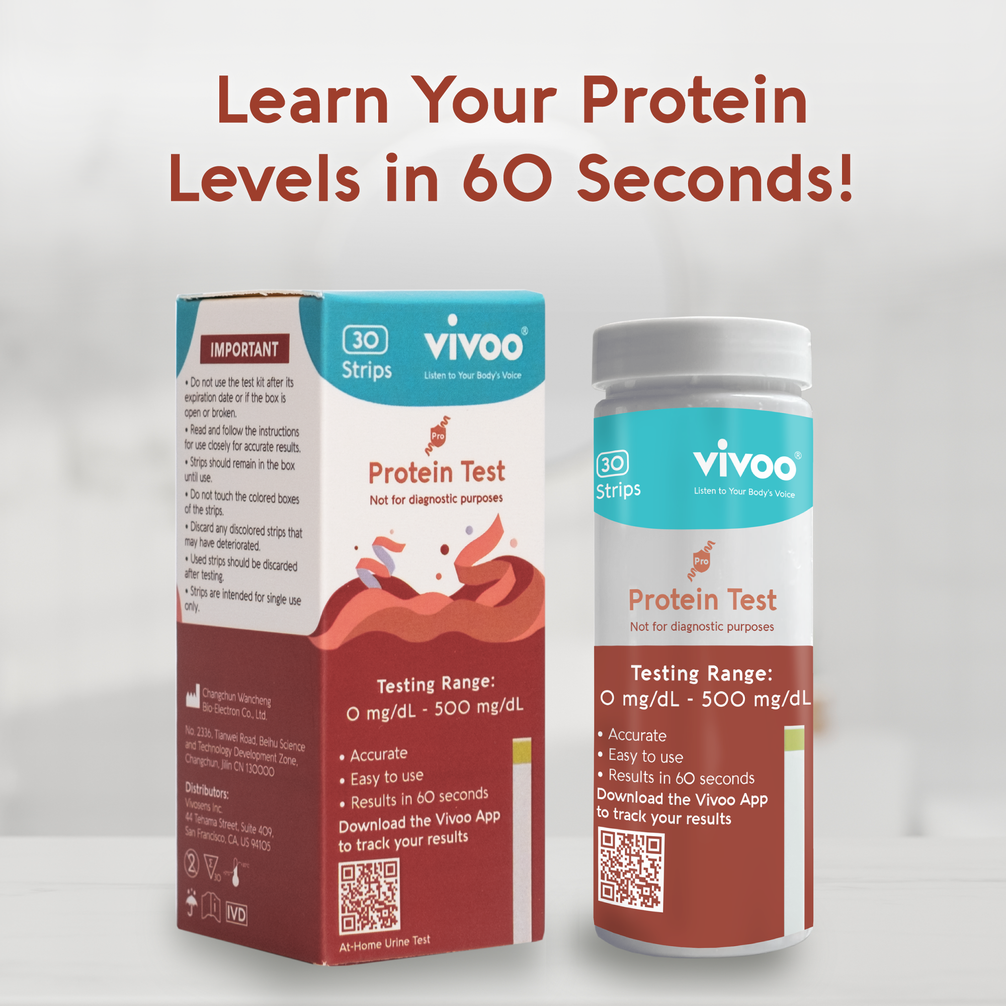 Vivoo protein test kit packaging on a light gray background