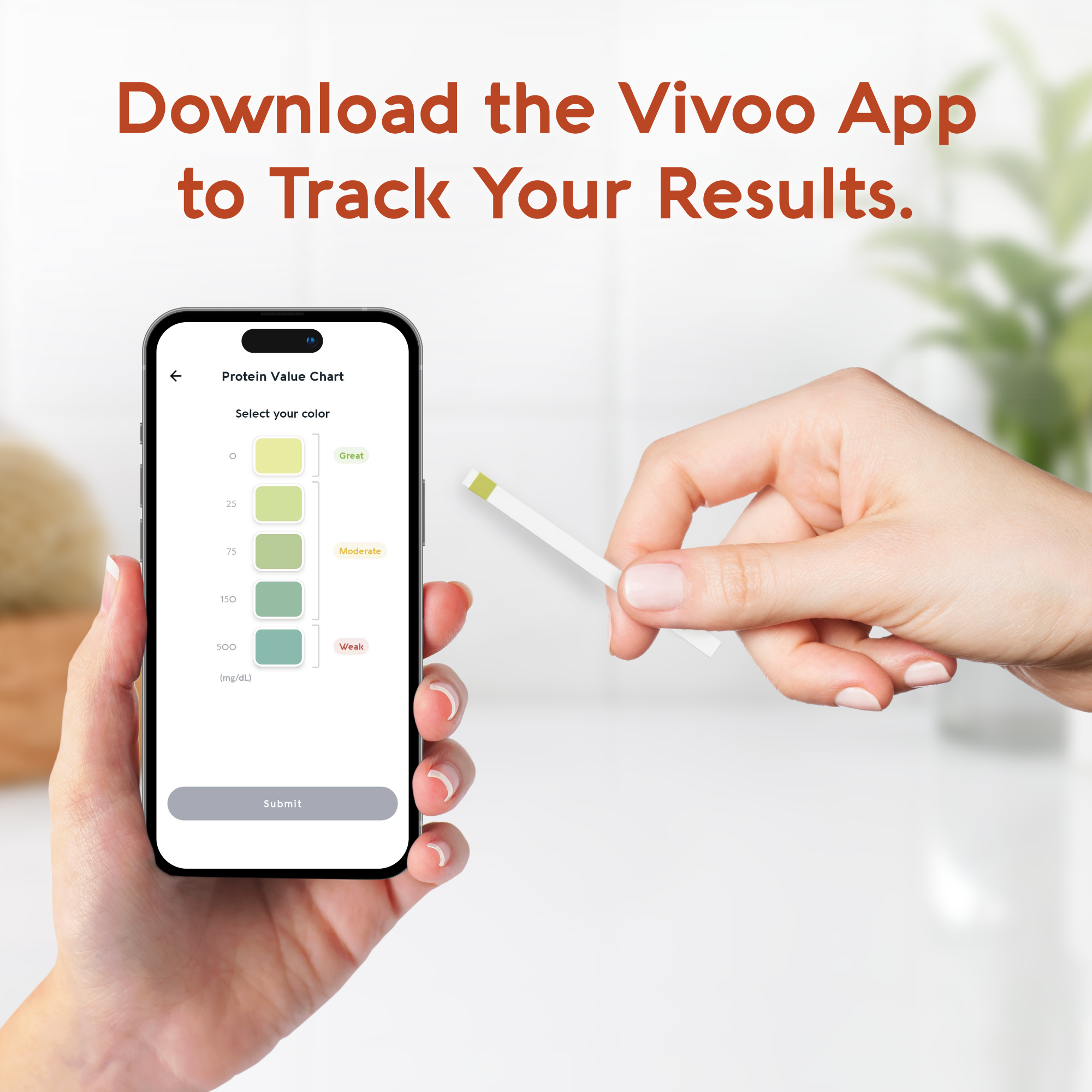 Person holding a smartphone with an app interface and a hand holding a test strip, with text promoting the Vivoo App.