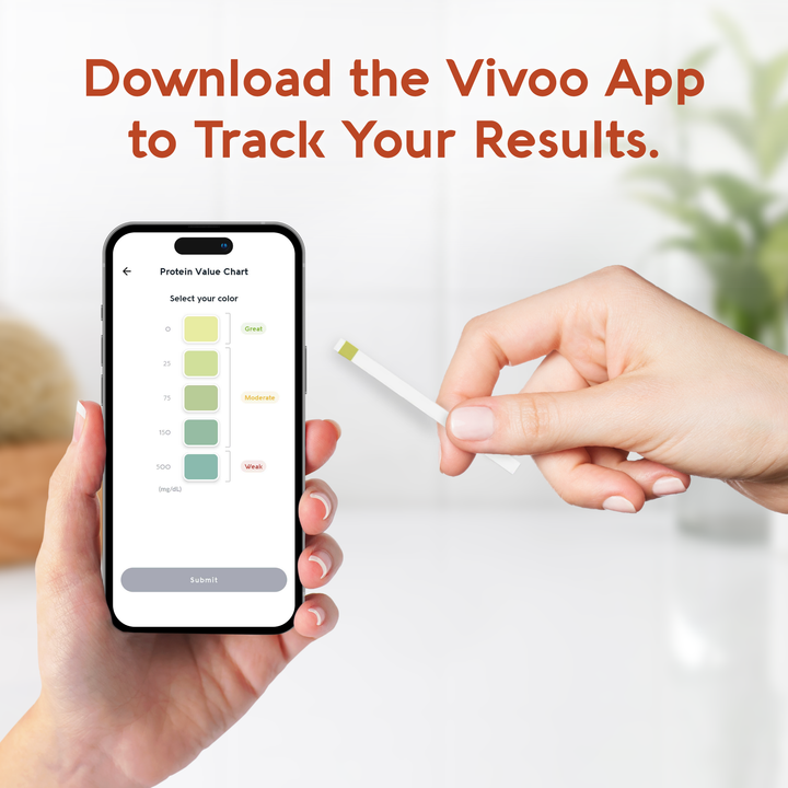 Person holding a smartphone with an app interface and a hand holding a test strip, with text promoting the Vivoo App.