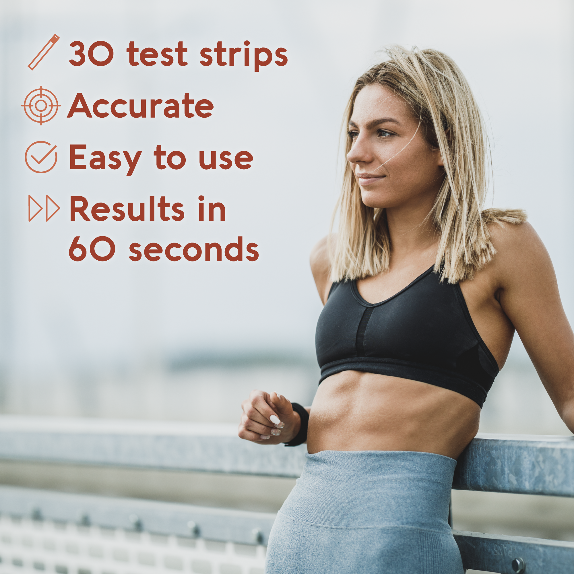 Woman in athletic wear holding a water bottle with text about test strips on a light background