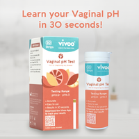 Packaging of Vivoo Vaginal pH Test with test strips shown in front of the box. The box has text and branding, and the strips are in a clear plastic container with pink and white packaging.