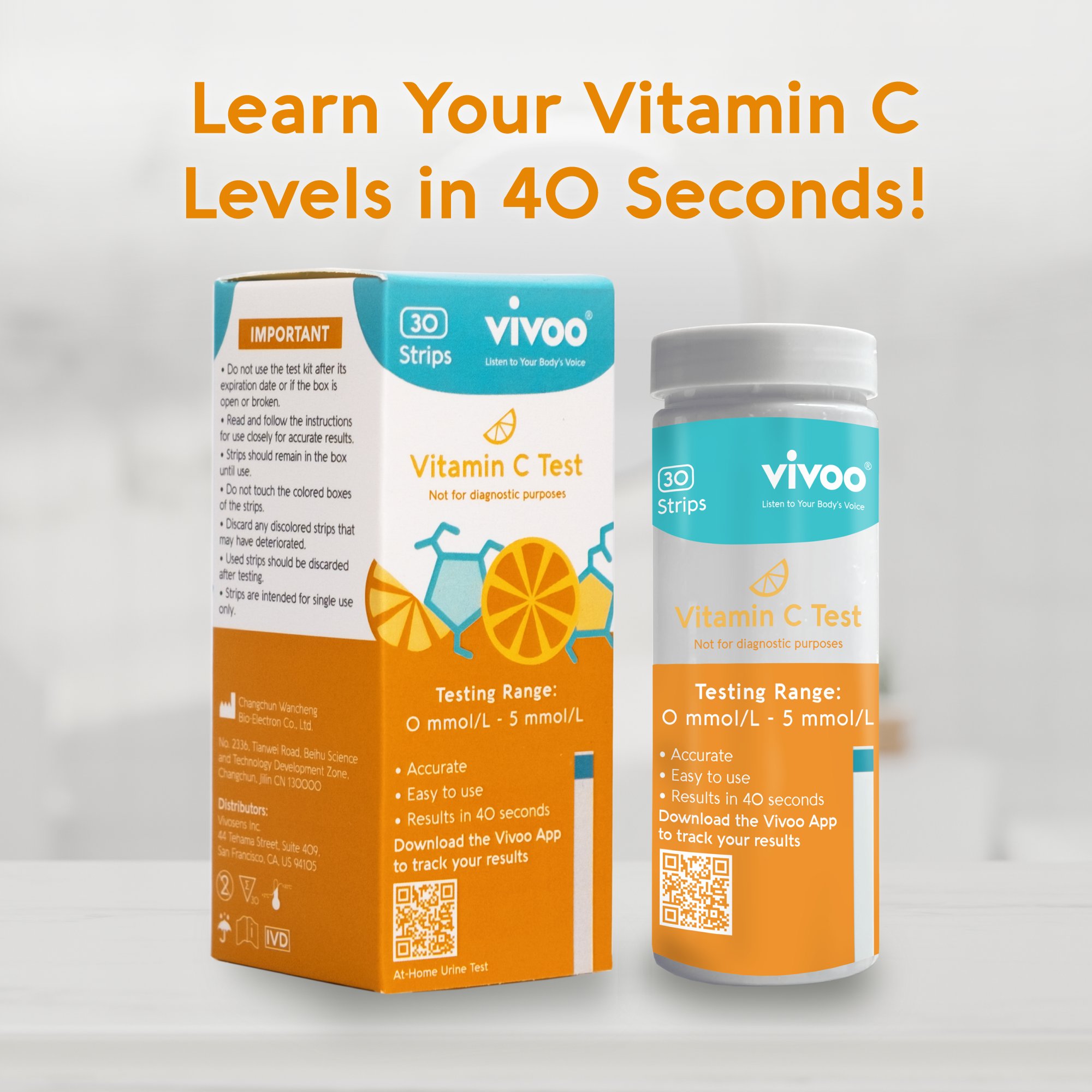 Packaging for Vivoo Vitamin C Test, showing the product box and a single Vitamin C test strip container with a label reading 'LEARN YOUR VITAMIN C LEVELS IN 40 SECONDS!'.