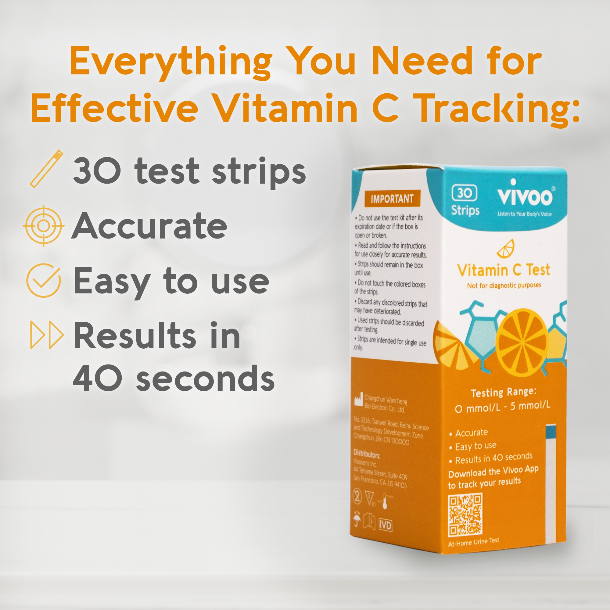 Packaging for Vivoo Vitamin C test strips, with branding and instructions for use. The packaging is predominantly white and orange with text and graphics that describe the product's purpose and features.