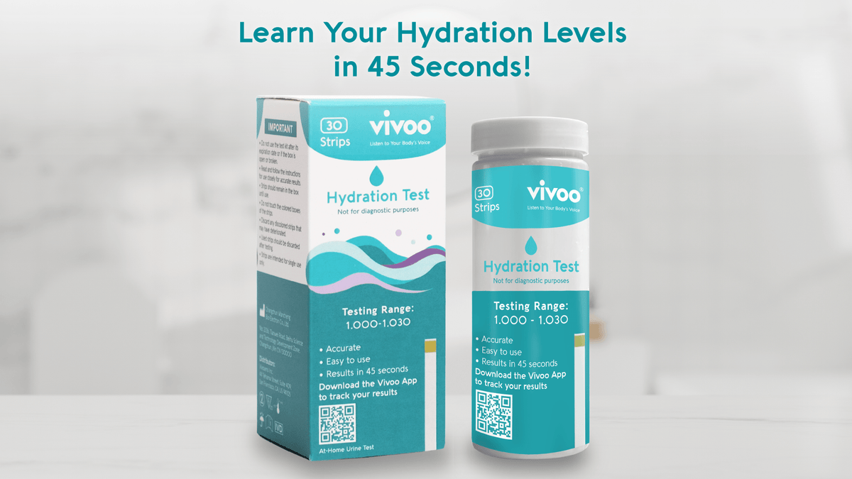 Packaging of Vivoo Hydration Test with test strips, emphasizing the ability to check hydration levels quickly.